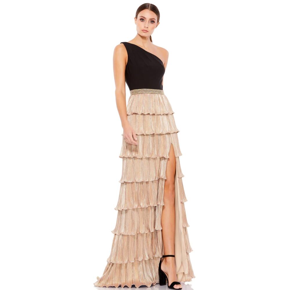 Mac Duggal 26541 One Shoulder Black Gold Layered Ruffle Metallic Gown Dress‎ 12